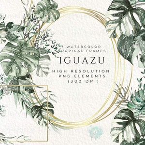 7 Molduras tropicais em aquarela Clipart, Molduras douradas com folhas de Monstera Design pré-fabricado, Convite de casamento tropical, Molduras de folhagem png