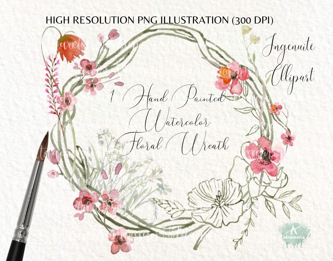 1 Hand Drawn Watercolor Wreath With Wild Flowers Clipart PNG- Meadow ...