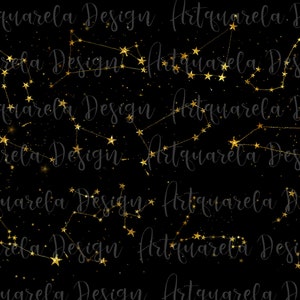 May include: A seamless pattern featuring gold glitter constellations on a black background. The constellations are made up of small stars connected by thin lines. The background is a dark black with a subtle sparkle effect.