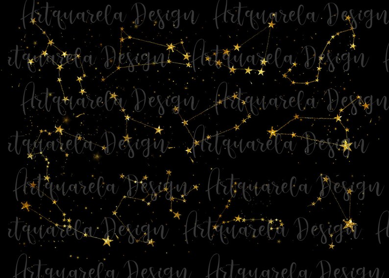 May include: A seamless pattern featuring gold glitter constellations on a black background. The constellations are made up of small stars connected by thin lines. The background is a dark black with a subtle sparkle effect.