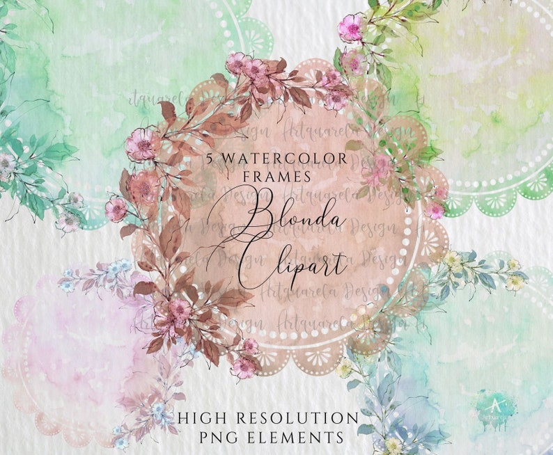 K&ouml;nnte beinhalten: F&uuml;nf Aquarellrahmen mit floralen Designs. Die Rahmen sind in Rosa-, Gr&uuml;n- und Braunt&ouml;nen gehalten. Der Text "5 Aquarellrahmen" und "Blonda Clipart" ist im Bild sichtbar.