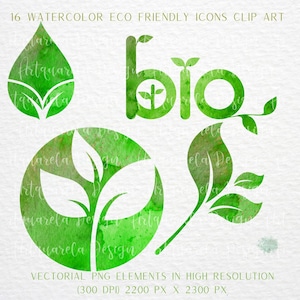 Watercolor Ecology Logos Clip Art: Green Eco Symbols (PNG)