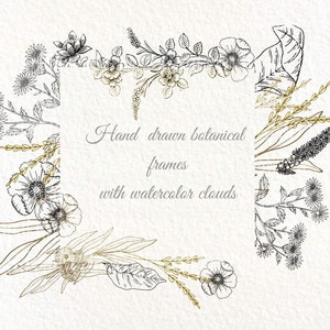 Floral Digital Border Frame-Hand Drawn  watercolor Flower PNG,Wild Flowers Frame Invite- Botanical-Square frame- Line-Commercial Use