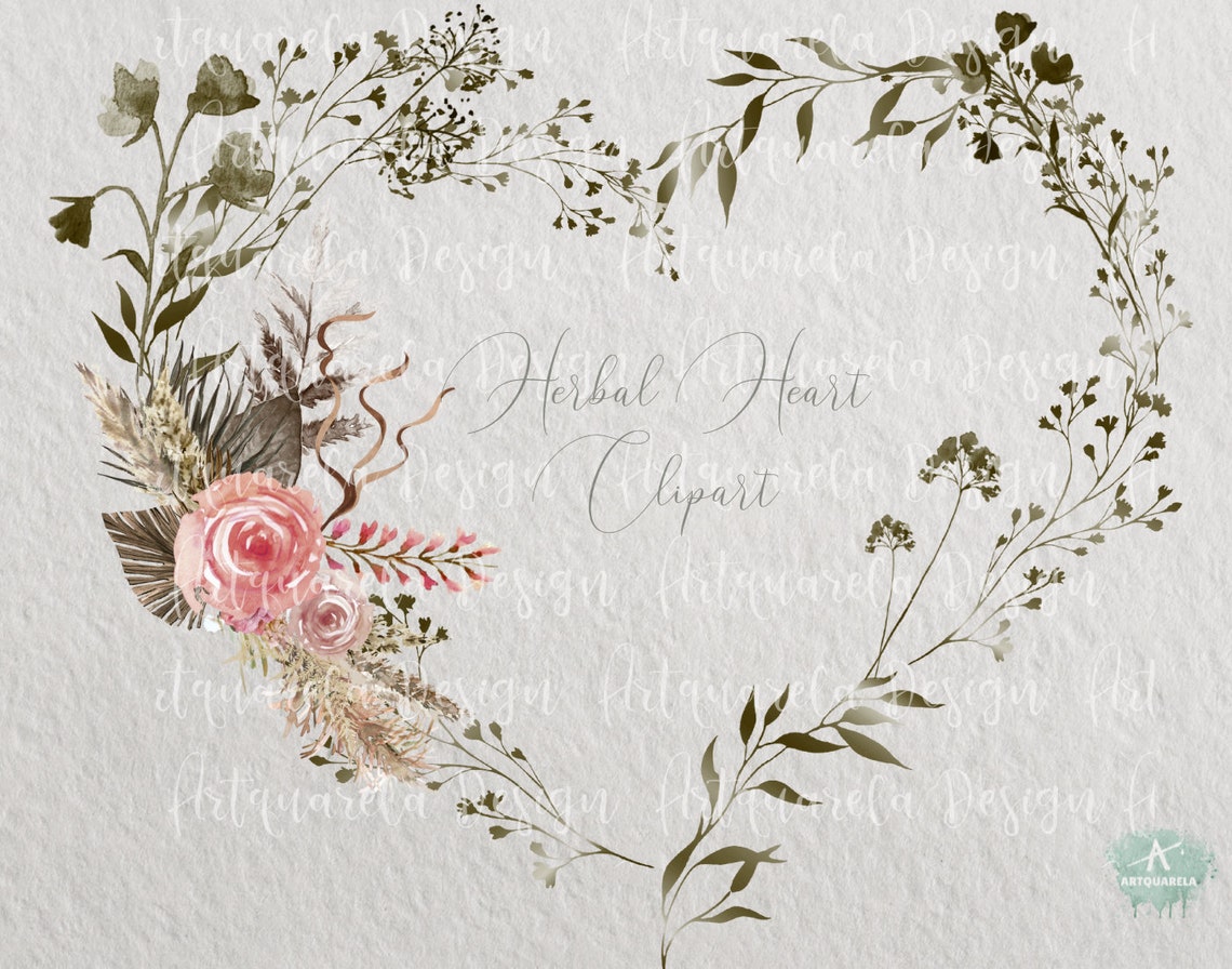 Greenery Heart Wreath Frame Clipart Watercolor Dried Leaves - Etsy