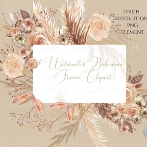 Op de afbeelding: Watercolor Bohemian Frame Clipart met een neutrale beige achtergrond. De lijst bevat aquarelbloemen in tinten perzik, cr&egrave;me en bruin, veervormige accenten en de tekst "1 High Resolution PNG Element".