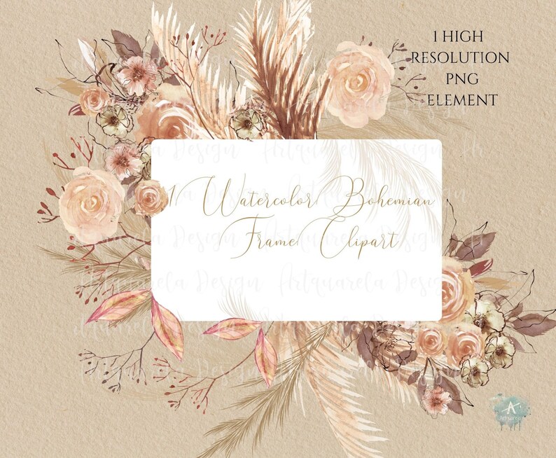 Op de afbeelding: Watercolor Bohemian Frame Clipart met een neutrale beige achtergrond. De lijst bevat aquarelbloemen in tinten perzik, cr&egrave;me en bruin, veervormige accenten en de tekst "1 High Resolution PNG Element".