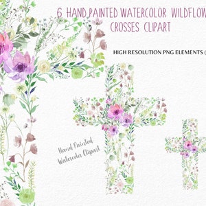 Watercolor Floral Crosses Clipart Hand painted wildflowers Crosses-Vector png-Baptism cross Easter Sublimation Cross Commercial Use zdjęcie 2