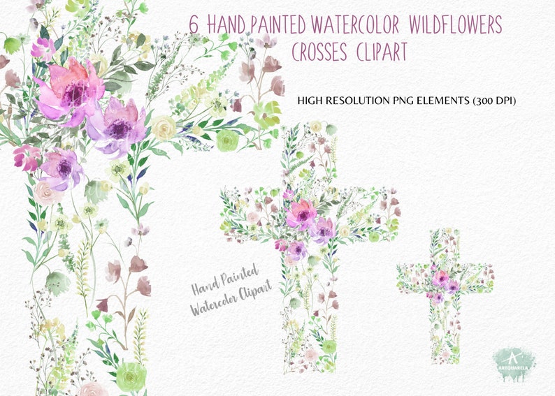 Watercolor Floral Crosses Clipart Hand painted wildflowers Crosses-Vector png-Baptism cross Easter Sublimation Cross Commercial Use image 2