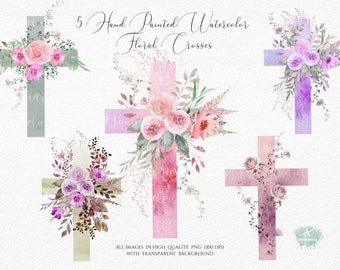 5 Watercolor floral crosses clipart PNG-Baptism cross - Catholic Crosses-First Communion clipart-Religious easter clipart-Commercial Use