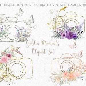 Aquarell & Gold Hand gezeichnet Floral Kamera Clipart Dekoriert Retro Kamera PNG Rose Gold Linie Kunst Schmetterling Vögel Sublimation für den Druck