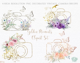 May include: Four digital illustrations of vintage cameras decorated with watercolor flowers and butterflies. The cameras are outlined in gold glitter. The text "Golden Moments Clipart Set" is written in gold glitter.