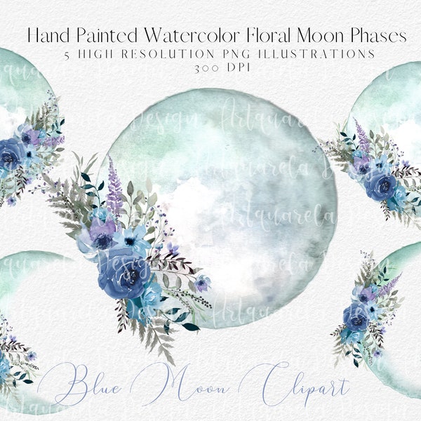 Floral Moon Phases clipart-Watercolor light Blue Moon with Roses PNG DIY Sublimation -Decorated  Boho Moon- Mystical  Clipart Commercial use