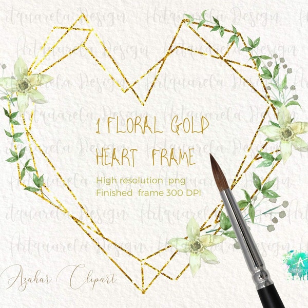 Gold heart with orange blossom  Clip Art,Glitter floral frame Watercolor and Gold foil  polygonal heart instant download  Commercial Use