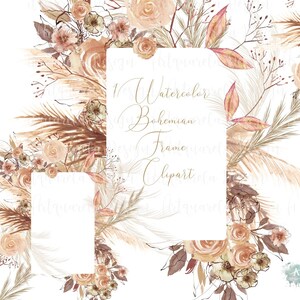 Op de afbeelding: Watercolor Bohemian Frame Clipart. Een digitale illustratie met een rechthoekige witte lijst omgeven door aquarelbloemen, pampasgras en bladeren in tinten bruin, perzik en beige. De tekst "Watercolor Bohemian Frame Clipart" is geschreven in elegant script.