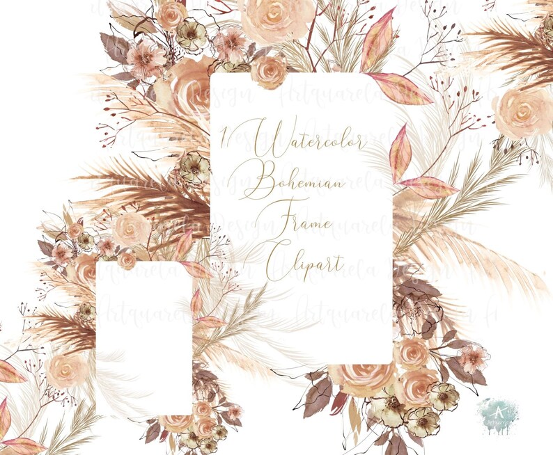 Op de afbeelding: Watercolor Bohemian Frame Clipart. Een digitale illustratie met een rechthoekige witte lijst omgeven door aquarelbloemen, pampasgras en bladeren in tinten bruin, perzik en beige. De tekst "Watercolor Bohemian Frame Clipart" is geschreven in elegant script.