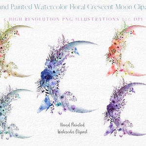 Handgemaltes Aquarell Blumen Monde Clipart, Floral Crescent Mond Blumen Schmetterling Himmlische Clipart, Fantasy Clipart Set kommerzielle Nutzung