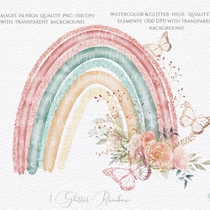 Clipart de arcoíris con purpurina, arcoíris de oro rosa con mariposas y flores doradas. Sublimación para camisetas, vectores PNG para guarderías, uso comercial