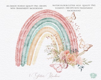 Glitter Rainbow Clipart,Rose Gold Rainbow with gold Butterflies and  flowers-Sublimation for T-SHIRT, Nursery Vector PNG Commercial Use