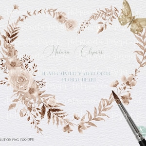 Aquarelle neutre beige marron fleurs séchées coeur clipart Boho design tendance coeur cadre Png faire-part de mariage nuptiale utilisation commerciale