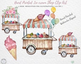 Watercolor Ice Cream Shop Clip Art: Hand-Painted Retro Illustrations (PNG Digital Download)