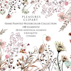 Coleção de clipart de flores silvestres Conjunto de flores em aquarela, pacote, molduras, buquê de flores de outono marrom bege neutro boho PNG Design moderno