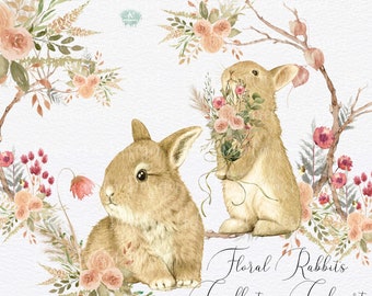 Watercolor Floral Bunnies Clipart -Nursery Clipart - Children - Hand painted bunnies- Roses  Branches bouquets.Frames-Bunnies illustrations