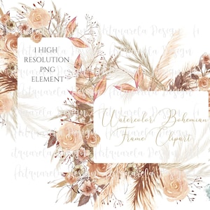 Marco de color neutro floral bohemio - Clip art de acuarela png - Invitación de boda - Marco rosa polvoriento png - Descarga instantánea - Uso comercial
