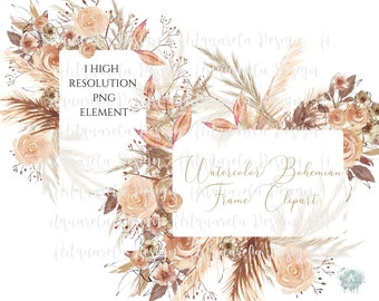 May include: Watercolor Bohemian Frame Clipart with floral elements in shades of beige, brown, and peach. The design includes roses, pampas grass, and other botanical details, with text that reads "I HIGH RESOLUTION PNG ELEMENT" and "Watercolor Bohemian Frame Clipart."