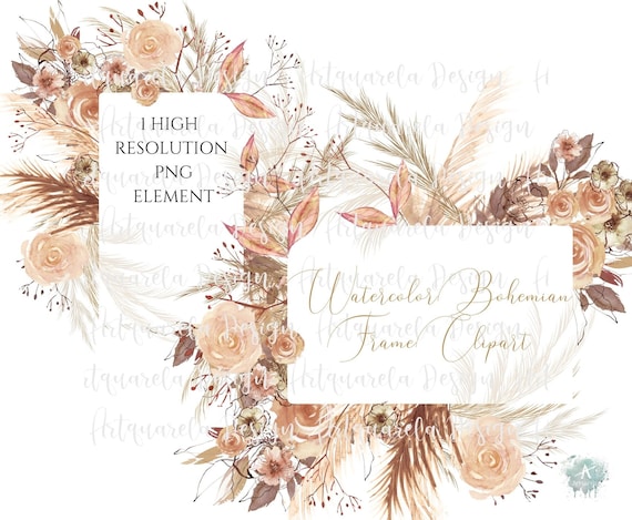Boho Floral Frame Clipart: Watercolor Dusty Rose PNG (Digital Download)