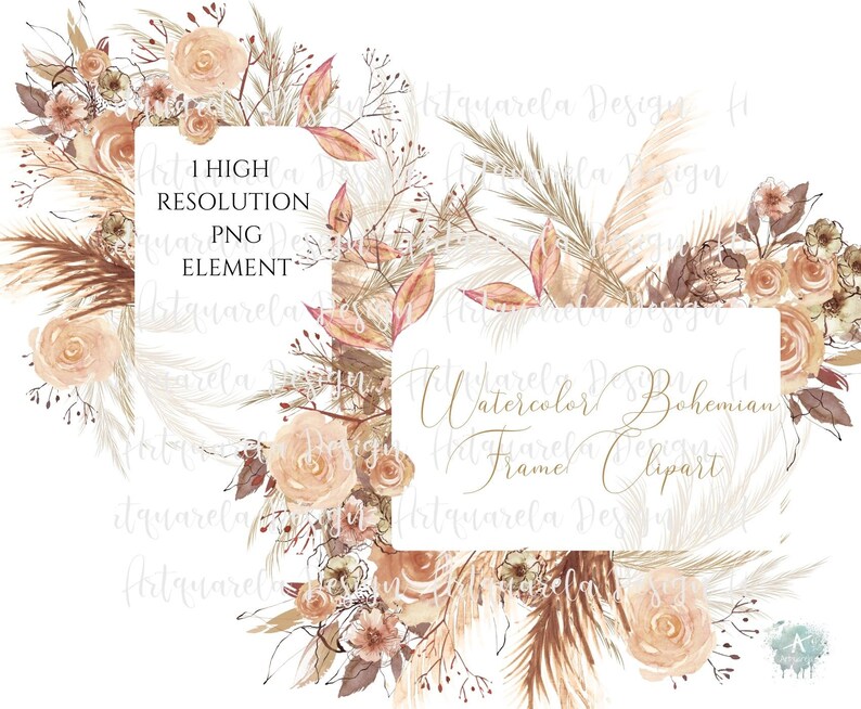 Op de afbeelding: Watercolor Bohemian Frame Clipart met bloemelementen in beige, bruin en perziktinten. Het ontwerp bevat rozen, pampasgras en andere botanische details, met de tekst "I HIGH RESOLUTION PNG ELEMENT" en "Watercolor Bohemian Frame Clipart."