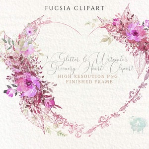 1 corazón floral con acuarela y purpurina, marco PNG de corazón de flores de color púrpura y magenta, invitación de boda, sublimación, uso comercial