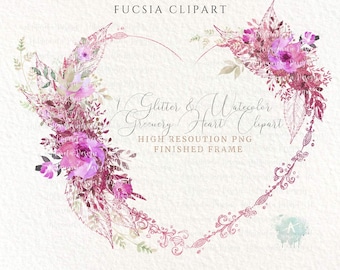 1 akvarell & glitter blommigt hjärta Clipart, lila magenta blommor hjärta png ram bröllopsinbjudan sublimering, kommersiellt bruk