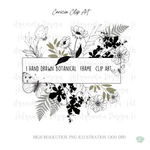 Floral Line Art floral frame  PNG graphic  Wedding Flowers, butterflies -Hand Drawn Vector png Flowers and Plants Commercial Use