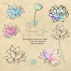 May include: Watercolor clipart of seven lotus flowers in various shades of pink, blue, green, and purple. The flowers are hand-painted and have a delicate, whimsical style. The text "Watercolor Lotus Flowers Clipart" is included in the image.