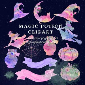 May include: A set of watercolor clipart elements featuring a witch flying on a broomstick, a crescent moon, a pumpkin, a spiderweb, two bottles, and two banners. The elements are in shades of pink, purple, and blue, with floral accents.