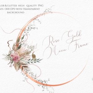 Cadre floral lune or rose Clipart-feuilles séchées Bordure de roses - cadre de fleurs mariage Clip Art-cadre minimaliste-création de logo-usage commercial