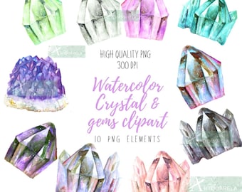 Gems and Crystal Watercolor Quartz Stones Clip Art, Amethyst, Mineral Commercial Use, Sublimation png Digital Clipart, PNG Commercial Use