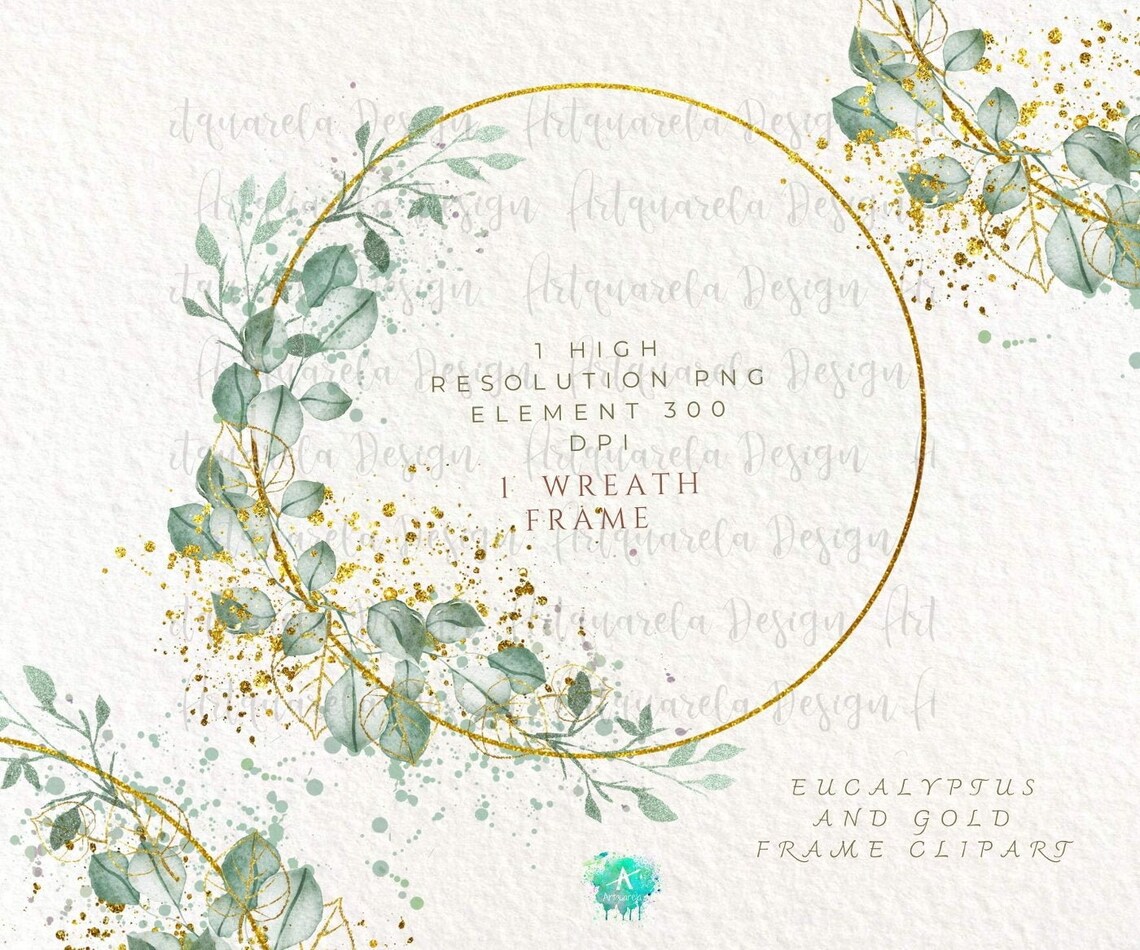 Eucalyptus Wreath Frame Clipart, Gold Foil, Watercolor Greenery (PNG ...