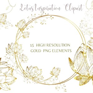 Set di clipart con cornici di fiori di loto glitterati dorati, composizioni di fiori di loto disegnati a mano in oro, sovrapposizioni di loghi PNG, foglie glitterate, uso commerciale