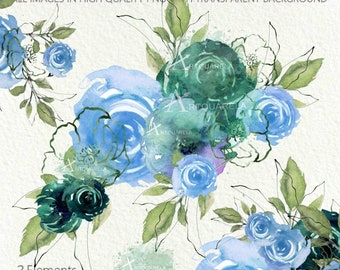 3 Watercolor Floral arrangements  Clip Art, Blue Flowers Bouquet Clipart,Hand painted Flowers Sublimation ,Blue Roses png For Commercial Use