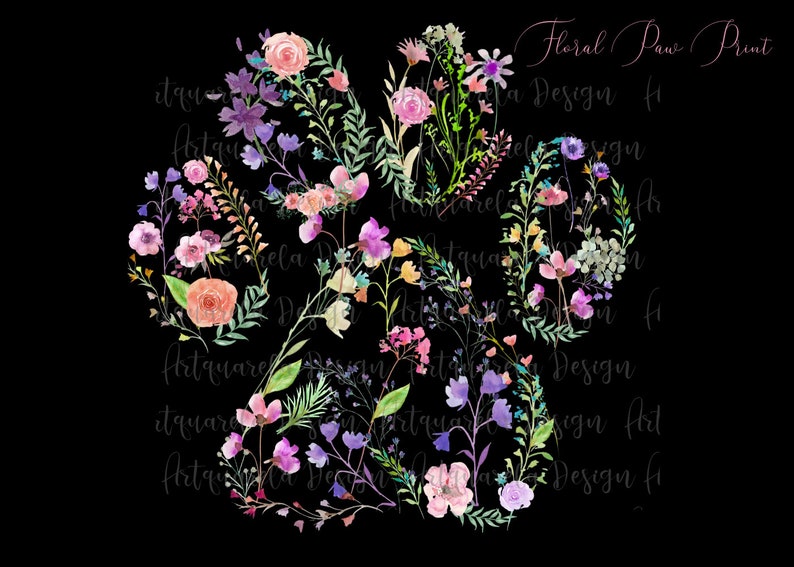 Watercolor Floral Paw Print Clipart Dog Paw Printflowers Cat Etsy