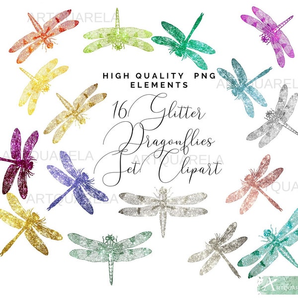 50% OFF SALE, Dragonflies Set  Clipart,Glitter Colorful Dragonfly,Silver, Red,Blue ,Overlay Dragonfly, Clipart For Commercial Use