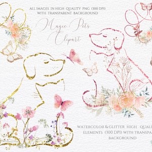Animaux de compagnie Clipart, clipart empreinte de patte, ligne fine feuille d'or chats Illustration PNG Floral animaux de compagnie icône, Floral chien chats Sublimation téléchargement immédiat