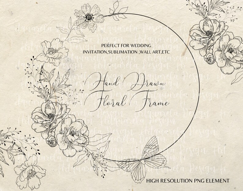 Black White Floral Wreath Clipart Hand Drawn Fine Line Art - Etsy