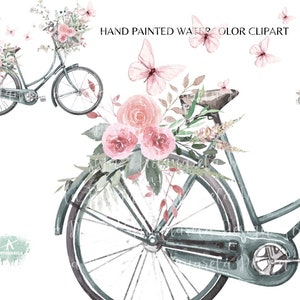 Pu&ograve; includere: Un'illustrazione ad acquerello di una bicicletta vintage con un cestino pieno di fiori rosa. La bicicletta &egrave; decorata con farfalle rosa e foglie verdi. L'immagine &egrave; perfetta per creare progetti digitali o stampati.