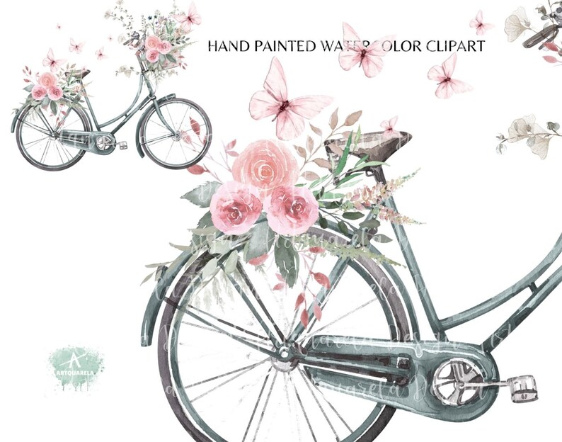 Pu&ograve; includere: Un'illustrazione ad acquerello di una bicicletta vintage con un cestino pieno di fiori rosa. La bicicletta &egrave; decorata con farfalle rosa e foglie verdi. L'immagine &egrave; perfetta per creare progetti digitali o stampati.
