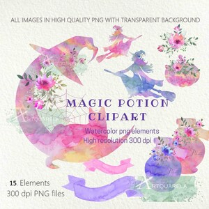 May include: A set of 15 watercolor clipart elements featuring a witch flying on a broomstick, a cauldron, a pumpkin, flowers, and ribbons. The images are in high quality PNG format with transparent backgrounds and are 300 dpi.