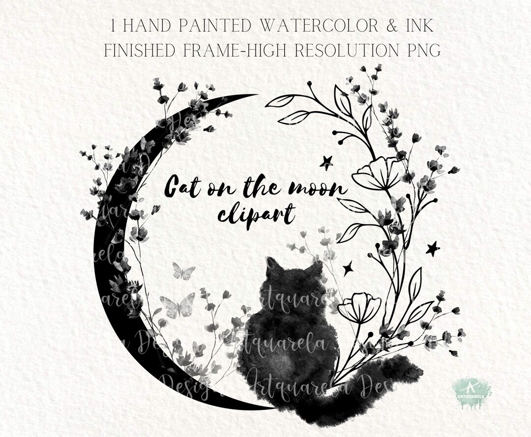Cat on the Moon Clipart PNG Watercolor Black Cat Cat With - Etsy UK