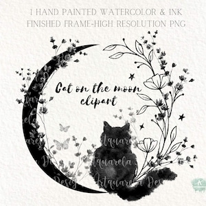 Cat on the moon Clipart  PNG, Watercolor black cat , Cat with flowers, Halloween clipart,Sublimation, Instant download Commercial use