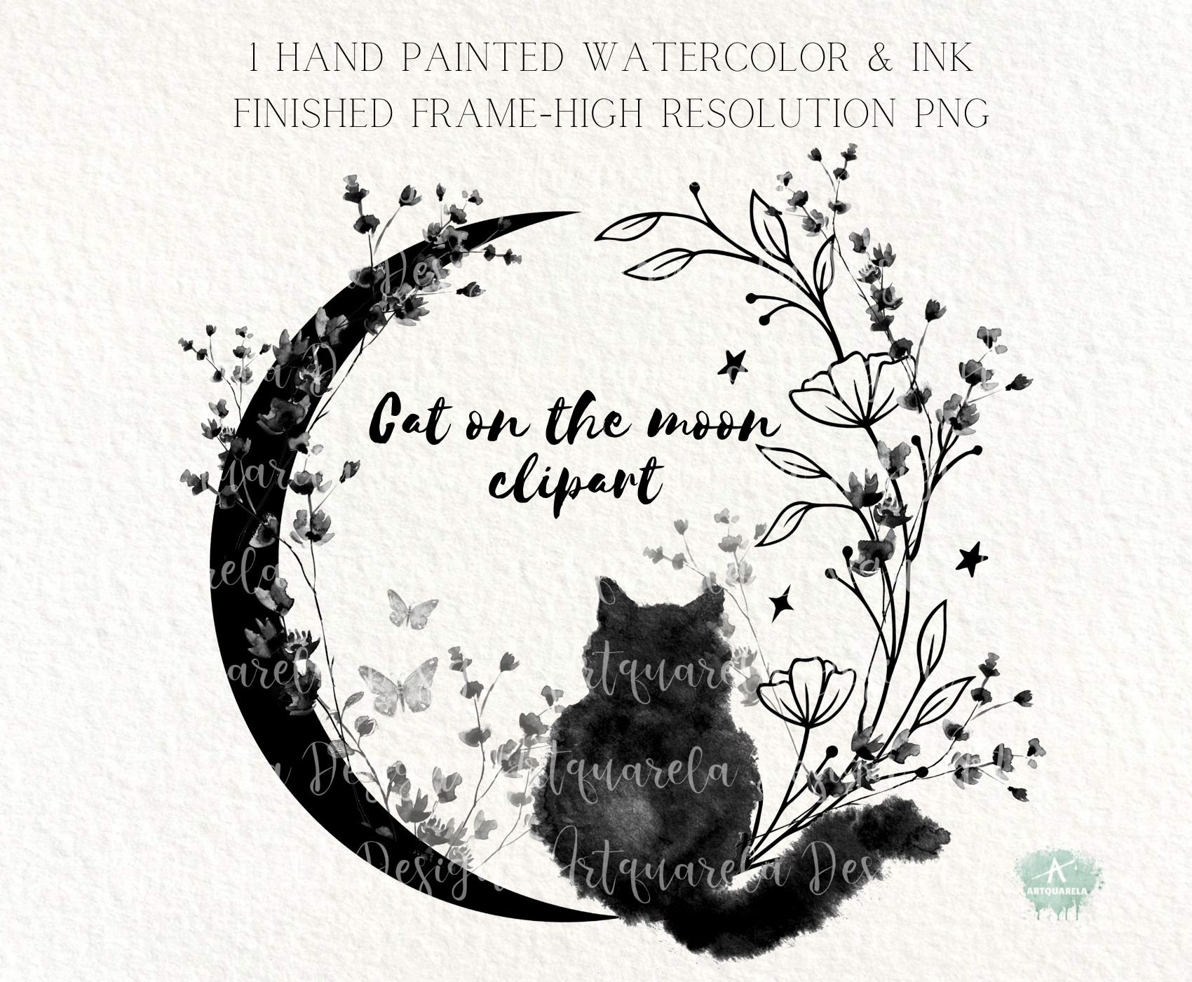Cat on the Moon Clipart PNG Watercolor Black Cat Cat With photo